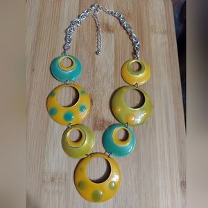 Vintage Silver Tone/Lemon-Lime Enamel Multi-Circle Disk 'Y' Necklace